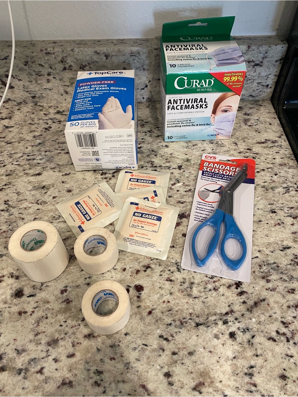 NEW - Bandage scissors, Latex gloves, face masks, tape and gauze